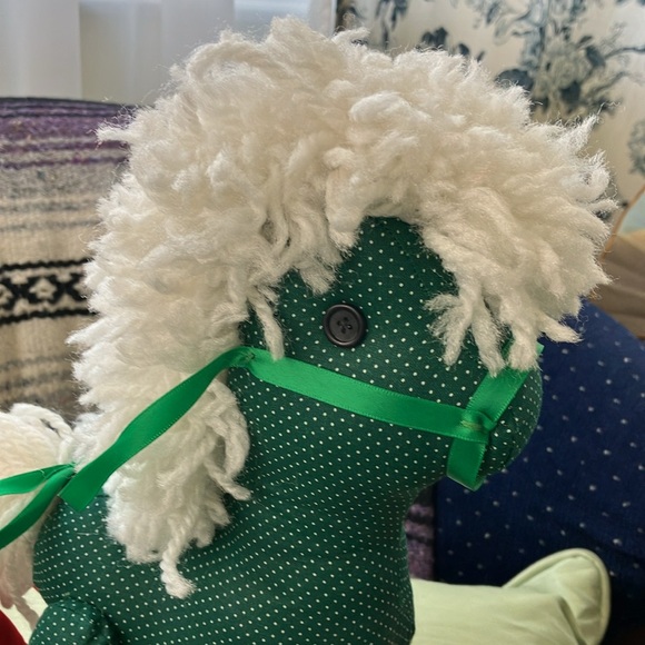 VINTAGE HOBBYHORSE HANDCRAFTED GREEN DOTTED SWISS WHITE MANE RED ROCKERS 12”tall - Picture 3 of 8